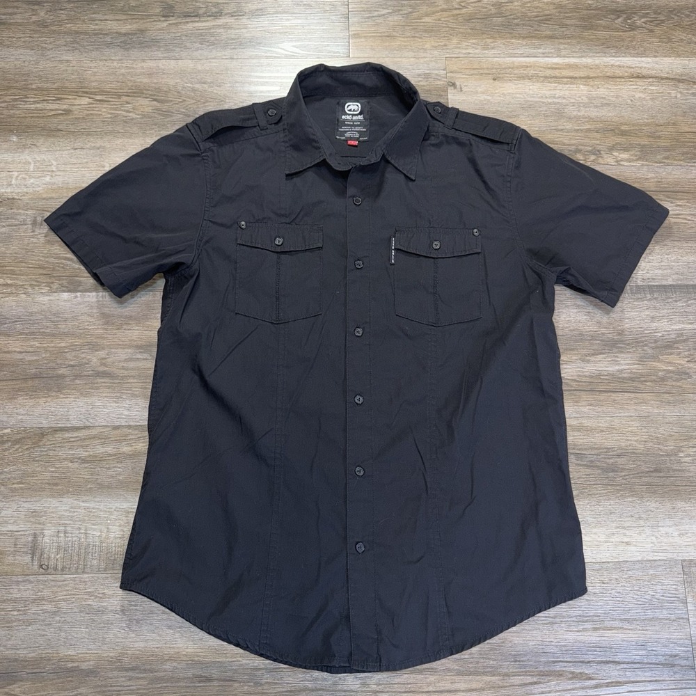 Ecko Unltd. Black Short-Sleeve Button-Up Shirt Mens Large Dual Chest Pockets